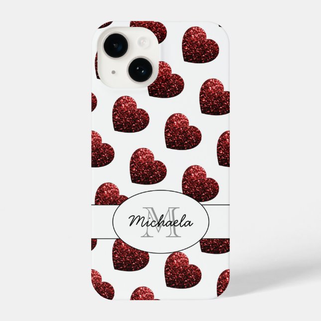 Red Glitter sparkles Hearts pattern white Monogram iPhone Case (Back)