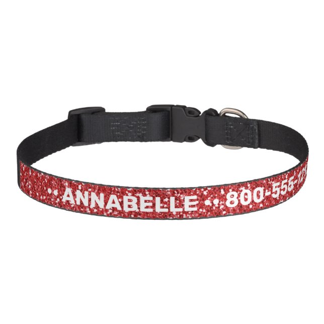 Red Glitter Sparkly Pet Name Phone Number Collar (Front)