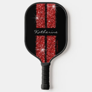 Red Glitter Sport Racing Stripes Elegant Pickleball Paddle