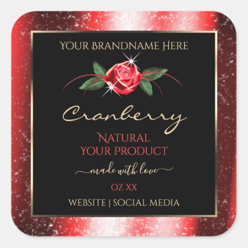 Red Glitter Stars Black Product Labels Rose Flower