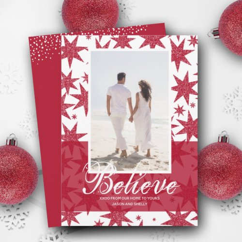 Red Glitter Stars Christmas Photo Holiday Card