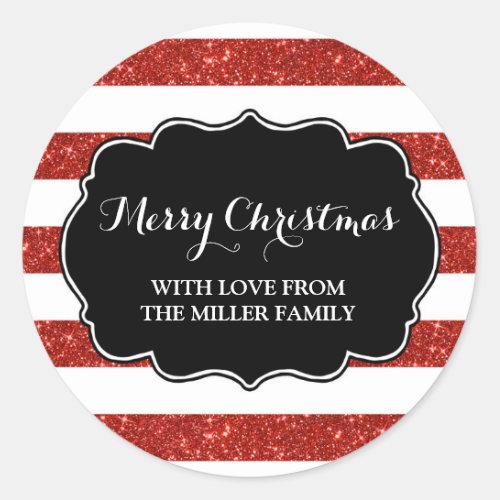 Red Glitter Stripes Merry Christmas Custom Classic Round Sticker