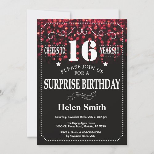 Red Glitter Surprise 16th Birthday Invitation