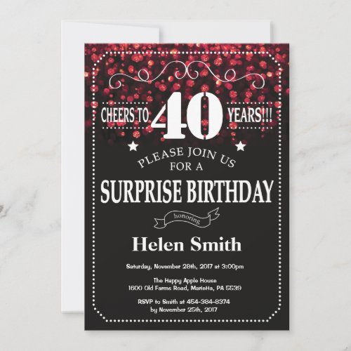 Red Glitter Surprise 40th Birthday Invitation