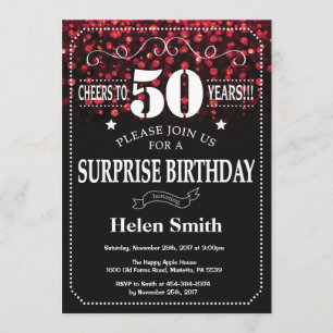 Red Glitter Surprise 50th Birthday Invitation