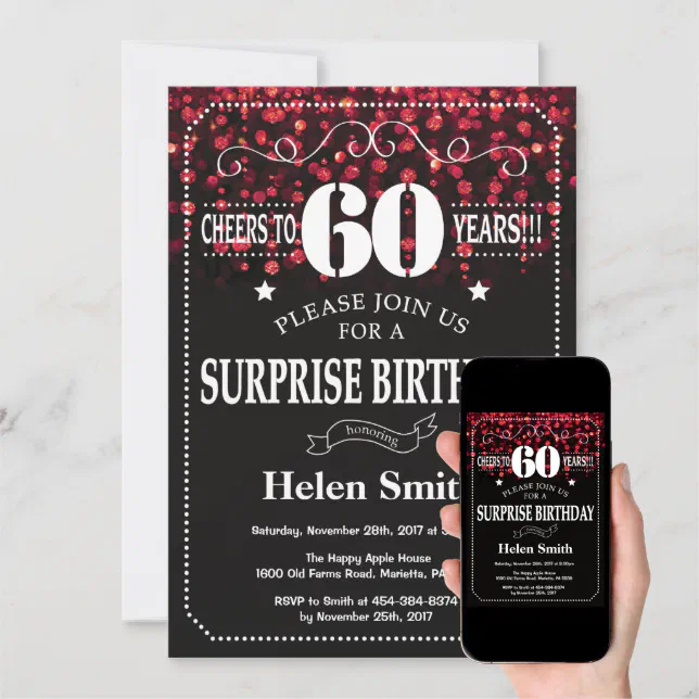 Red Glitter Surprise 60th Birthday Invitation | Zazzle