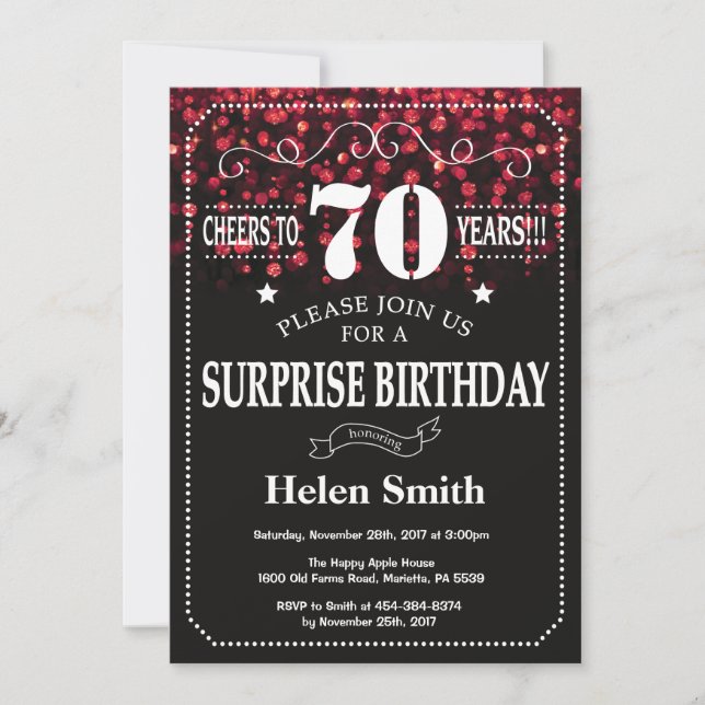 Red Glitter Surprise 70th Birthday Invitation (Front)