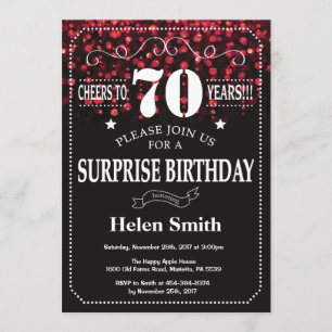 Red Glitter Surprise 70th Birthday Invitation