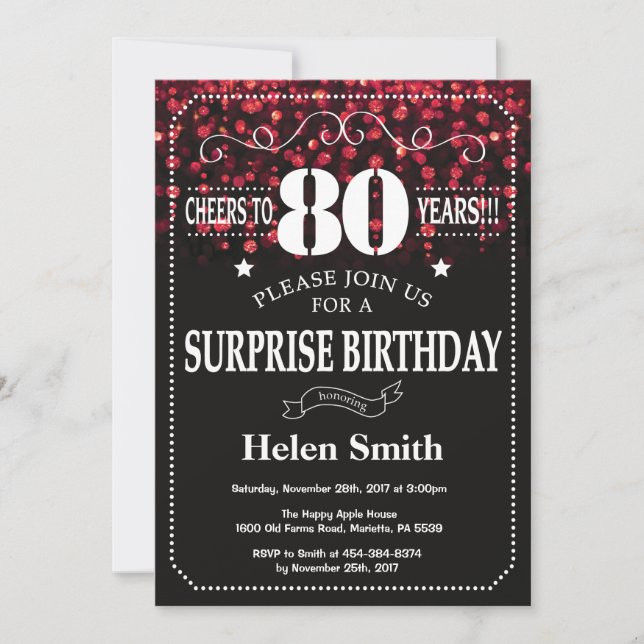 Red Glitter Surprise 80th Birthday Invitation (Front)
