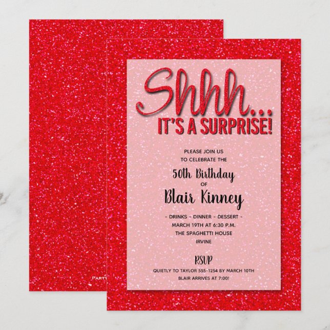Red Glitter SURPRISE Birthday Invitations (Front/Back)
