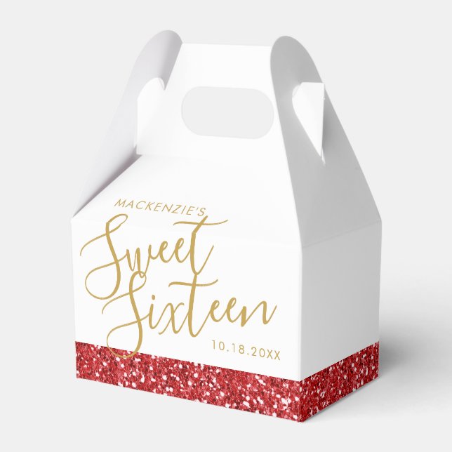 Red Glitter Sweet 16 Personalized Favor Boxes (Front Side)