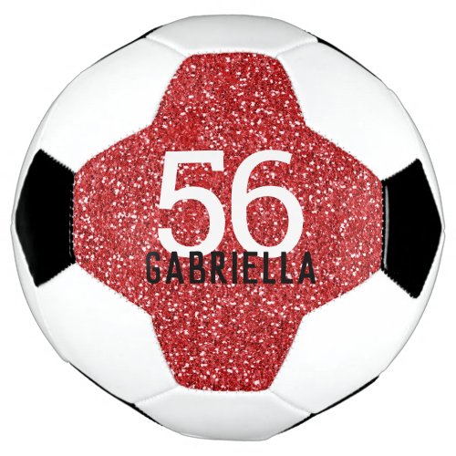 Red Glitter Team Number Name Soccer Ball