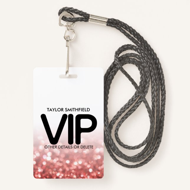 Red Glitter trendy modern VIP lanyard badge custom (Front with Lanyard)