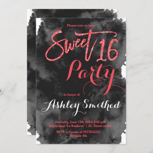 Red glitter typography black watercolor Sweet 16 Invitation