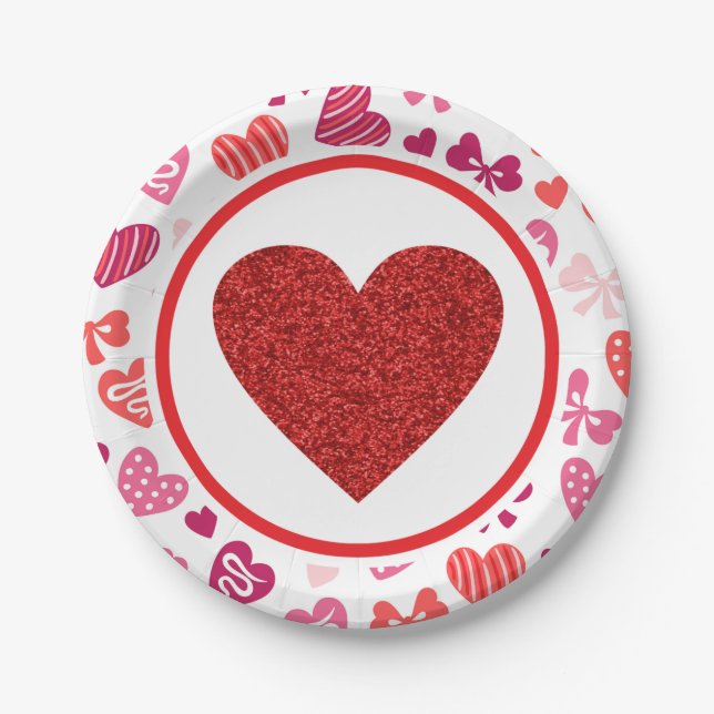 Red Glitter Valentines Heart Birthday Paper Plates (Front)