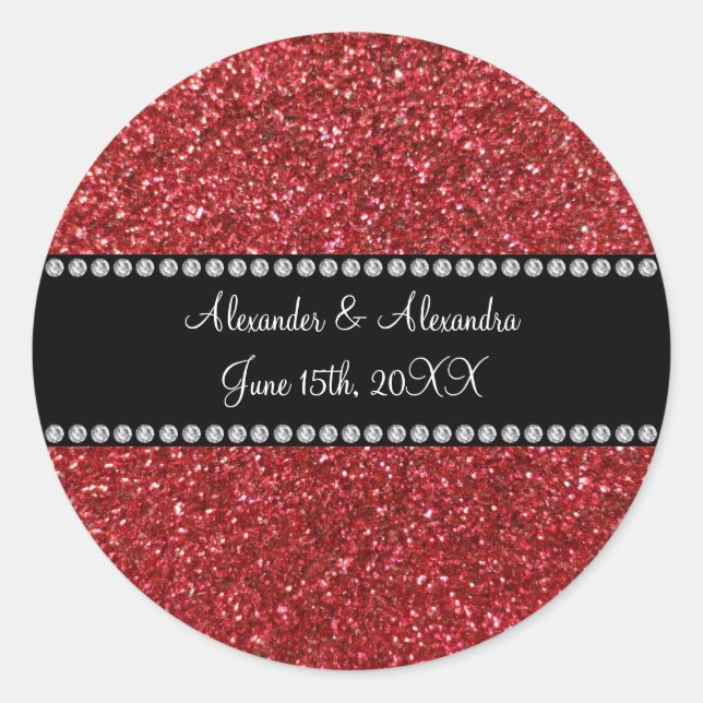 Red glitter wedding favors classic round sticker (Front)