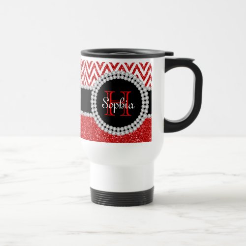 Red Glitter White Chevron Monogrammed Travel Mug