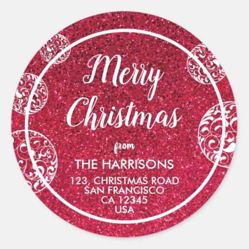 Red Glitter White Christmas Baubles Address Classic Round Sticker