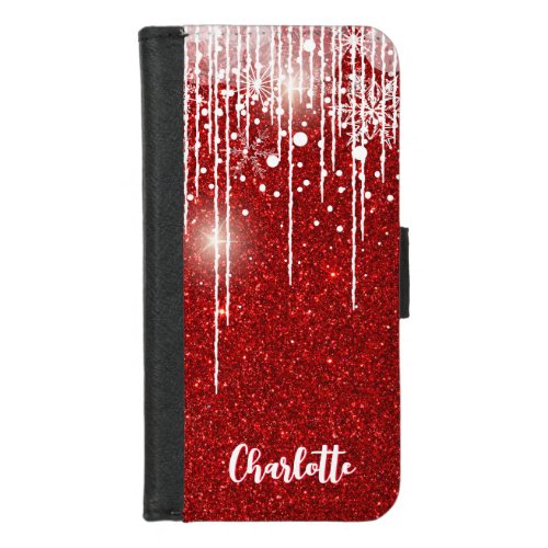 Red Glitter White Snowy  Snowflake Add Your Name iPhone 87 Wallet Case