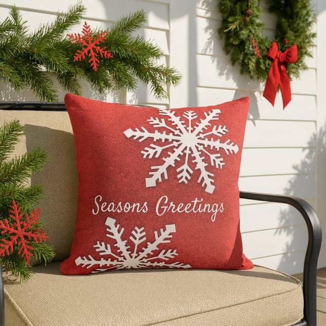 Red Glitter With White Snowflake Christmas Holiday Outdoor Pillow (Creator Uploaded)