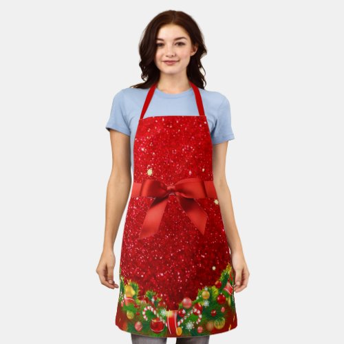 Red Glitters with Bow and Christmas Ornaments Apron