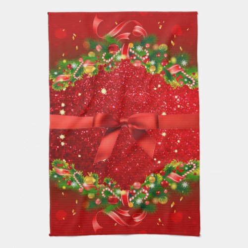 Red Glitters with Bow and Christmas Ornaments Kitchen Towel