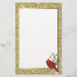 Red Glittery Cardinal with Glittery Gold Border Stationery