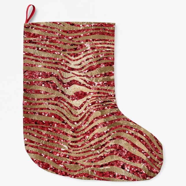 Red Glitz Gold Glam Zebra Print Stripes Large Christmas Stocking (Front)