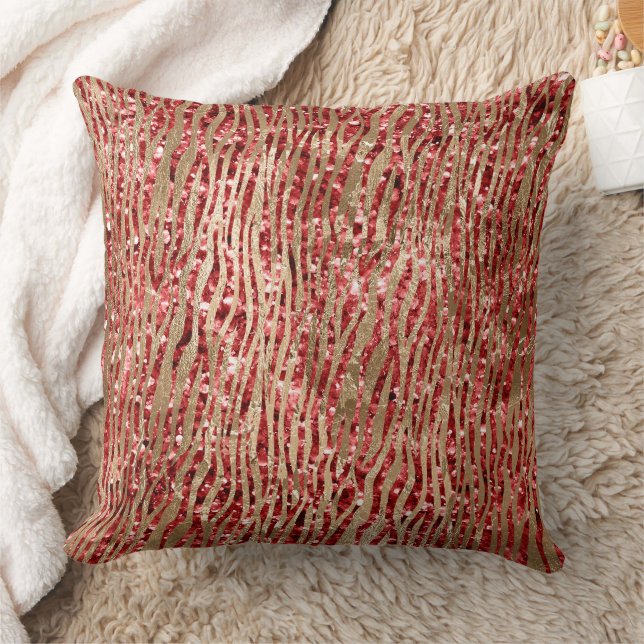 Red Glitz Gold Glam Zebra Print Throw Pillow (Blanket)