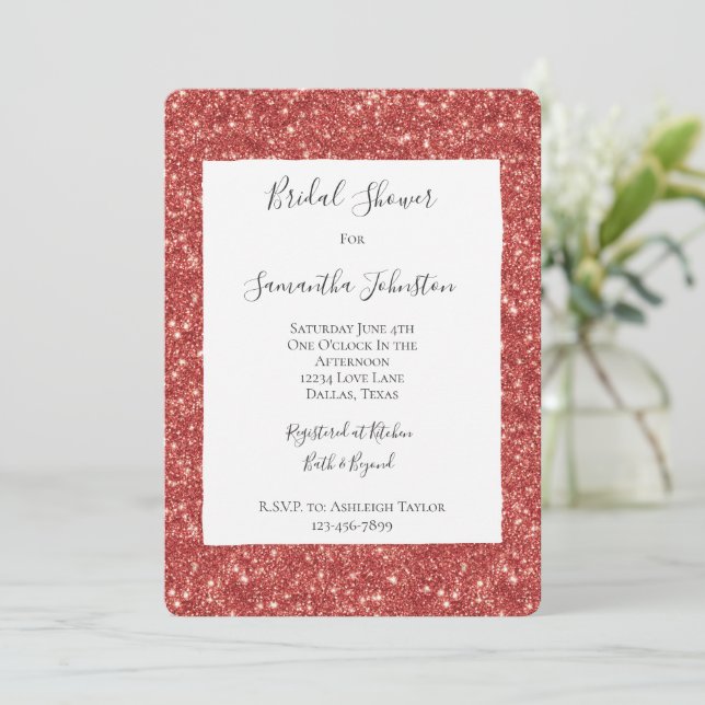 Red Glitzy Glitter Sparkle Bridal Shower Invitation (Standing Front)