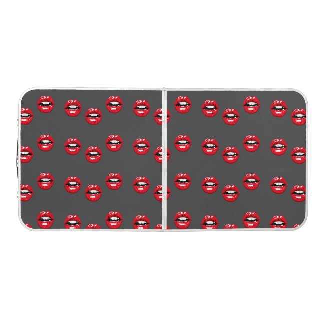 Red glossy lips on gray beer pong table (Top)
