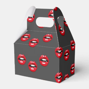 Red glossy lips on gray favor boxes