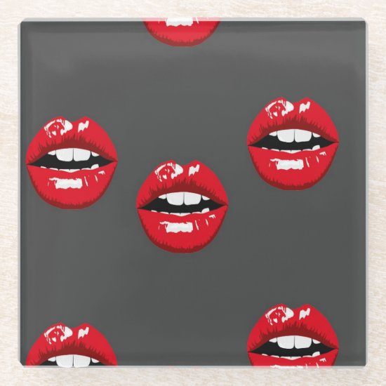 Red glossy lips on gray glass coaster