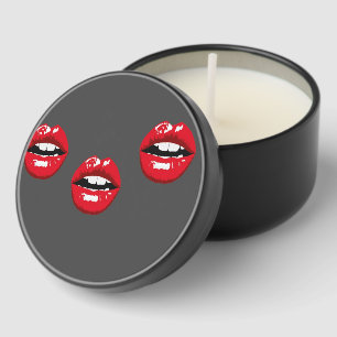 Red glossy lips on gray mini candle favors