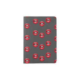 Red glossy lips on gray passport holder