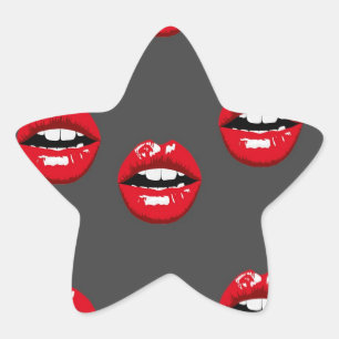 Red glossy lips on gray star sticker