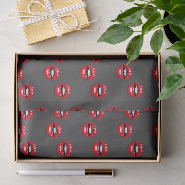 Red glossy lips on gray tissue paper (Gift)