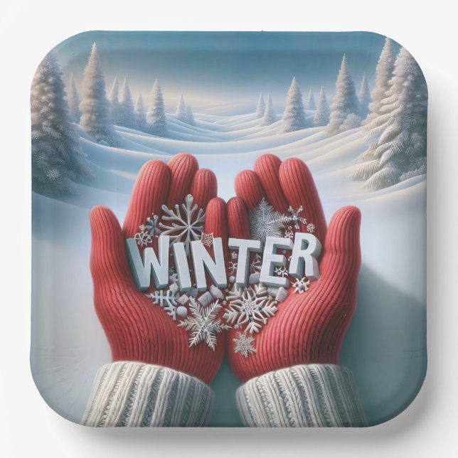 Red Gloves With Winter Text Paper Plates (Front)