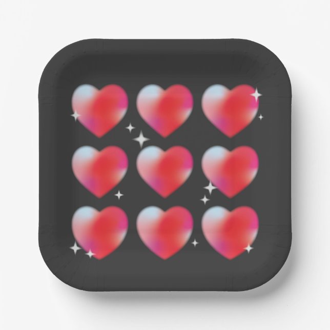 Red glowing hearts, valentine's day   paper plates (Front)