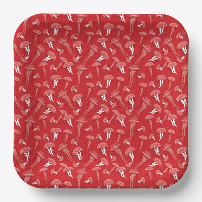 red glowing jelly fish pattern paper plates (Front)