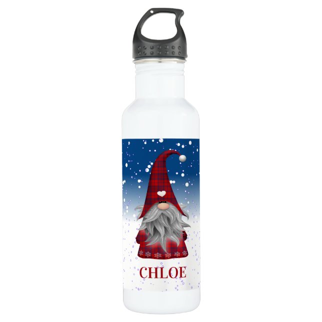 Red Gnome on Snow Stainless Steel Water Bottle (Front)