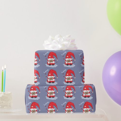 Red Gnome Pattern Blue Wrapping Paper