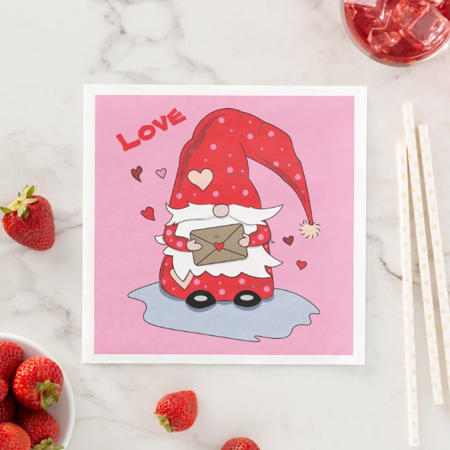 Red gnome pink paper napkins (Insitu)