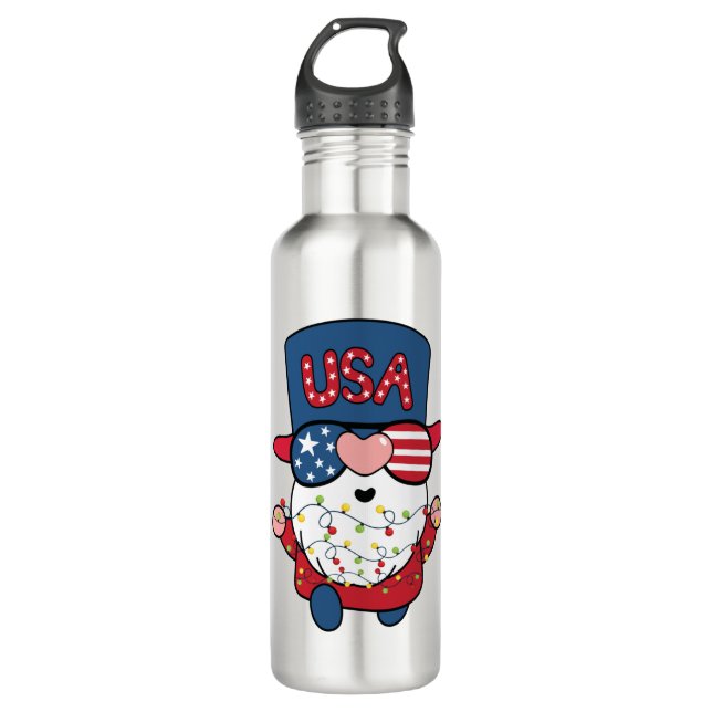 Red Gnome with Christmas Light Stainless Steel Water Bottle (Front)