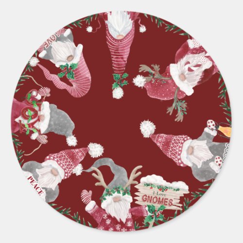 Red Gnomes Christmas Cute Watercolor Holly Foliage Classic Round Sticker