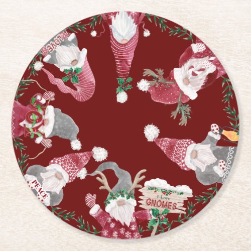 Red Gnomes Christmas Watercolor Gray Holly Foliage Round Paper Coaster