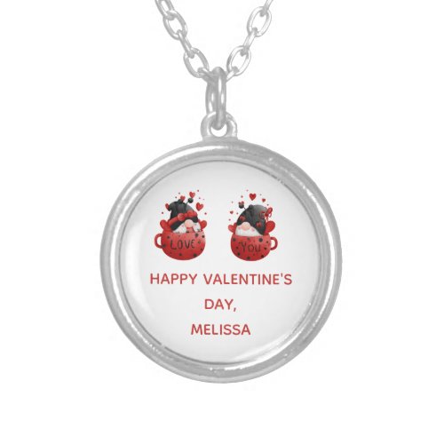 Red Gnomes Cute Whimsical Adorable Valentines day Silver Plated Necklace