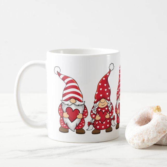 Red Gnomes with Hearts Personalized Valentine Day  Coffee Mug (With Donut)