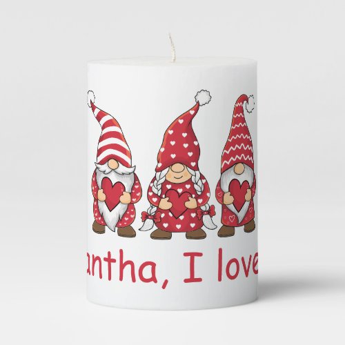 Red Gnomes with Hearts Personalized Valentine Day Pillar Candle