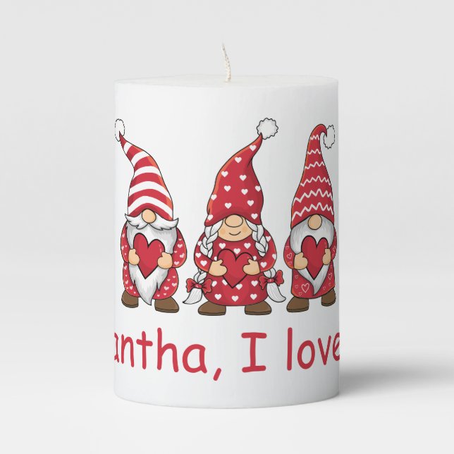 Red Gnomes with Hearts Personalized Valentine Day Pillar Candle (Front)